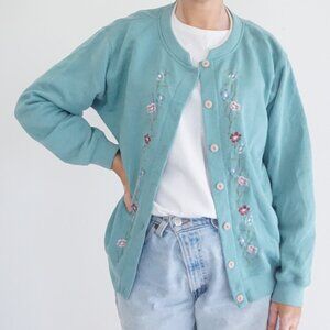 Vintage Shenanigans Teal Cardigan Floral Embroidery Romantic Coastal Grandma M